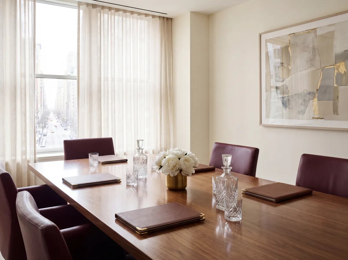 Sala de reunião com mesa de madeira e cadeiras em couro bordeaux
